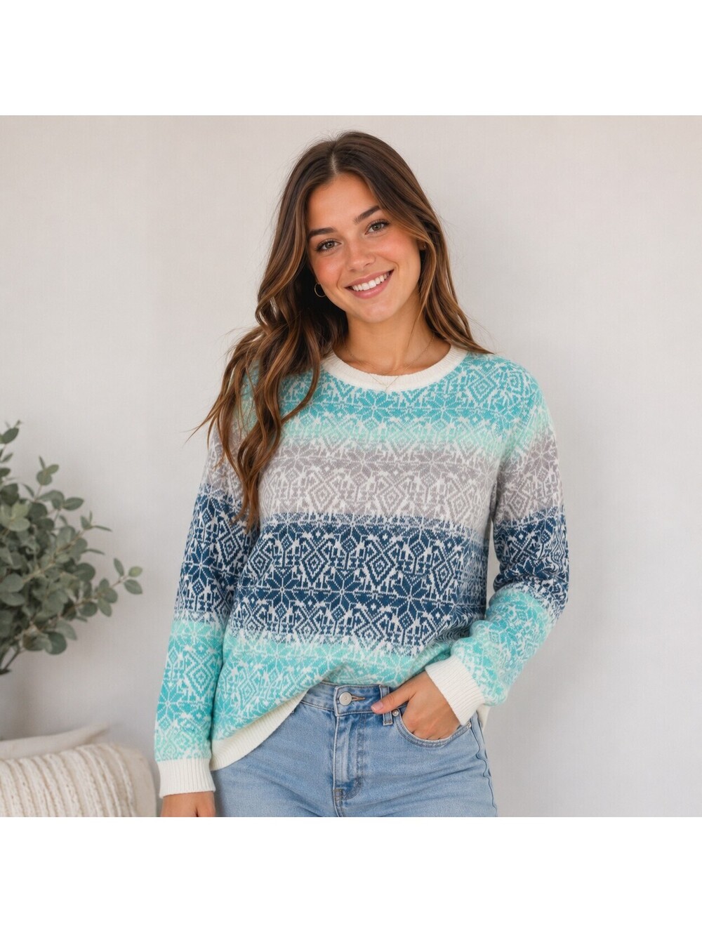 Ocean Blue Women Sweater Size M Blue White Pattern